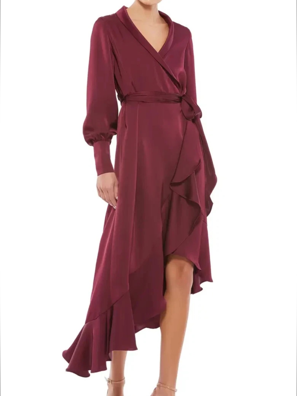 Mac Duggal Burgundy Wine Ruffle Long Sleeve Wrap Dress Size 8 Wedding